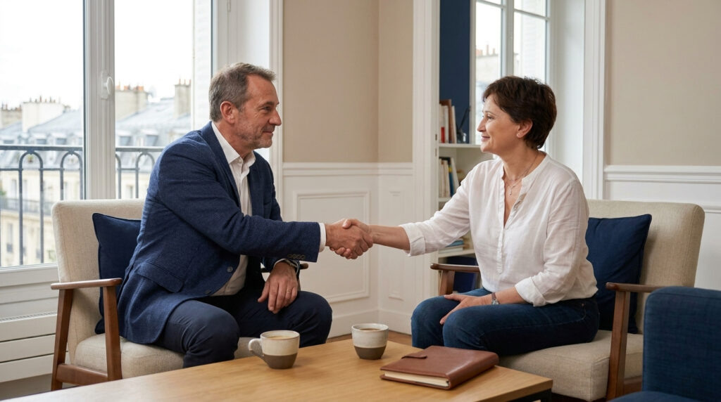 Dirigeant d'entreprise serrant la main d'une coach lors d'un premier échange pour choisir son coach de dirigeant