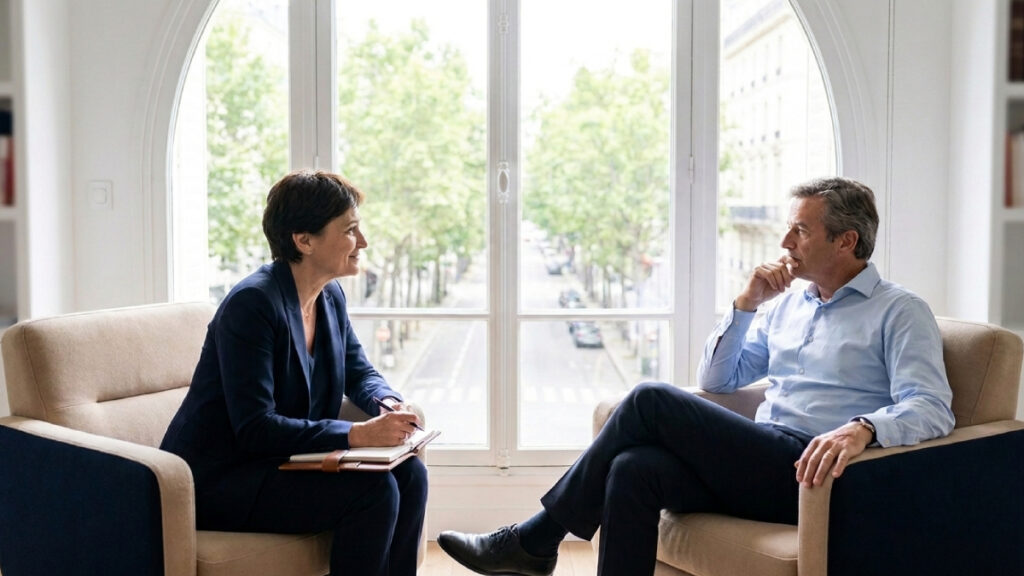 Coach professionnelle en séance de coaching de dirigeant avec un chef d'entreprise dans un bureau à Paris
