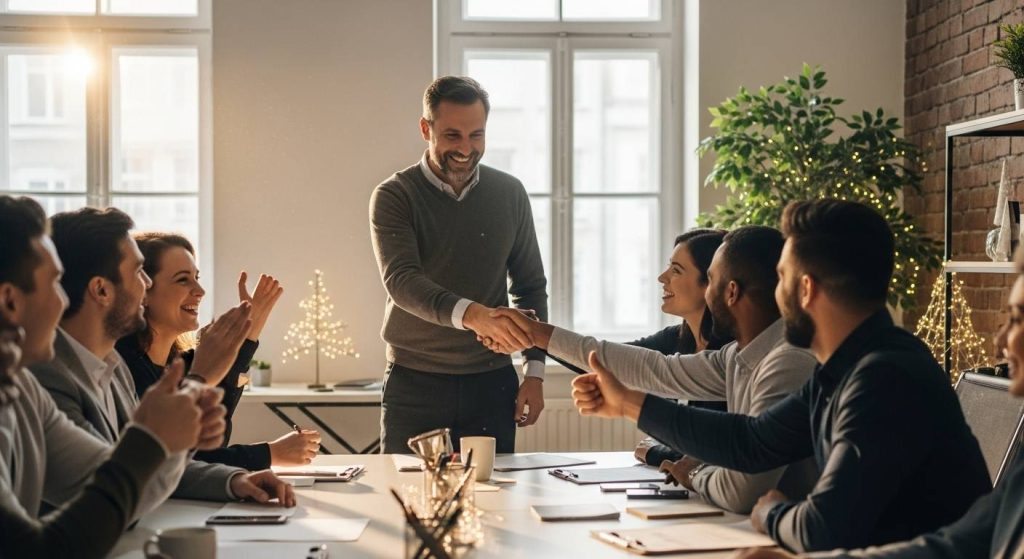 Manager félicitant son équipe dans un bureau festif en fin d’année, ambiance joyeuse