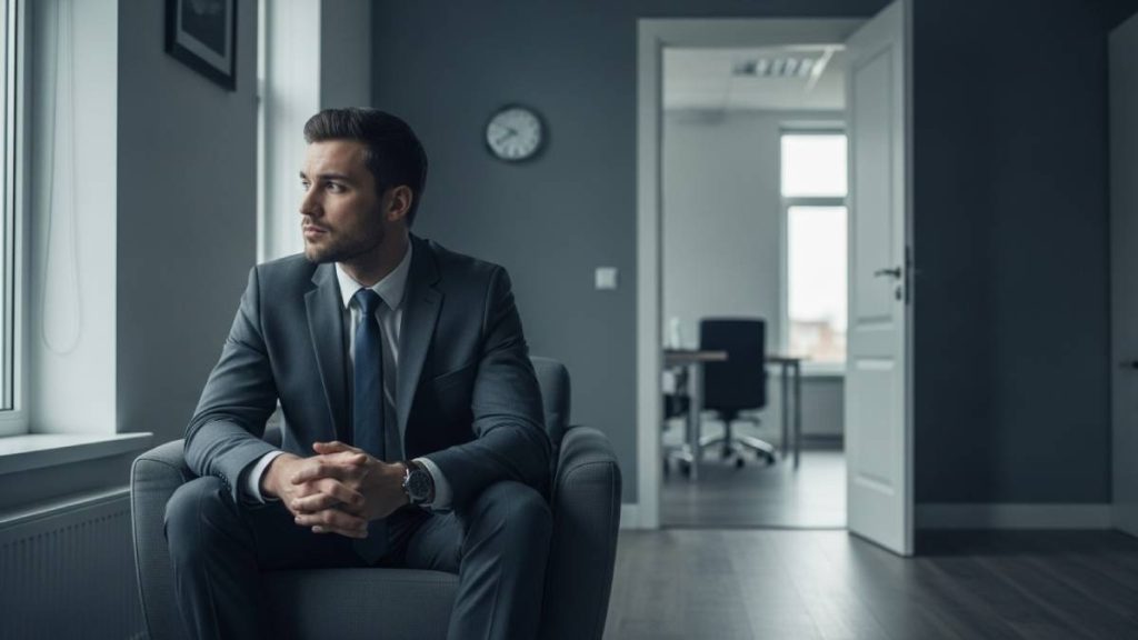 Dirigeant pensif dans son bureau face à la sortie de sa zone de confort