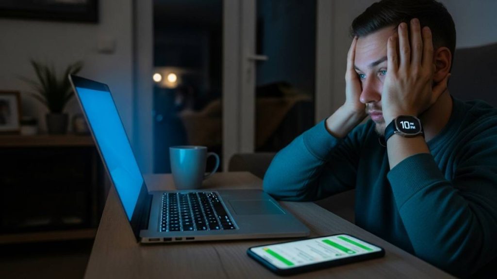 Cadre en télétravail tard le soir, fatigué, éclairé par l’écran dans un salon sombre